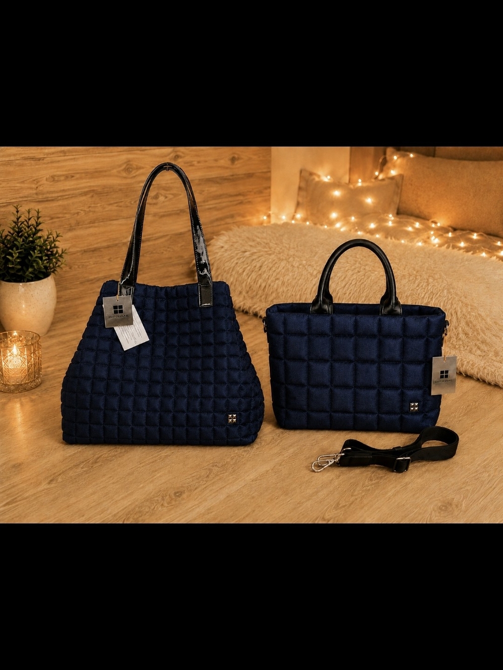 Brand New - Italian-made Quilted Navy Tote and Satchel Set